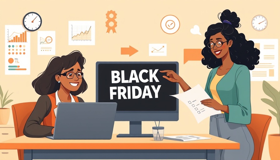 People planning affiliate strategies for Black Friday in a warm cartoon style office.