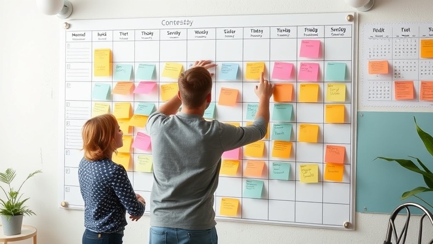 Content calendar with colorful post-its for small business content strategy.