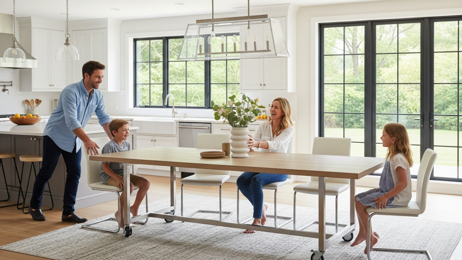 Functional furniture for home renovation: a rolling dining table adds style and versatility.