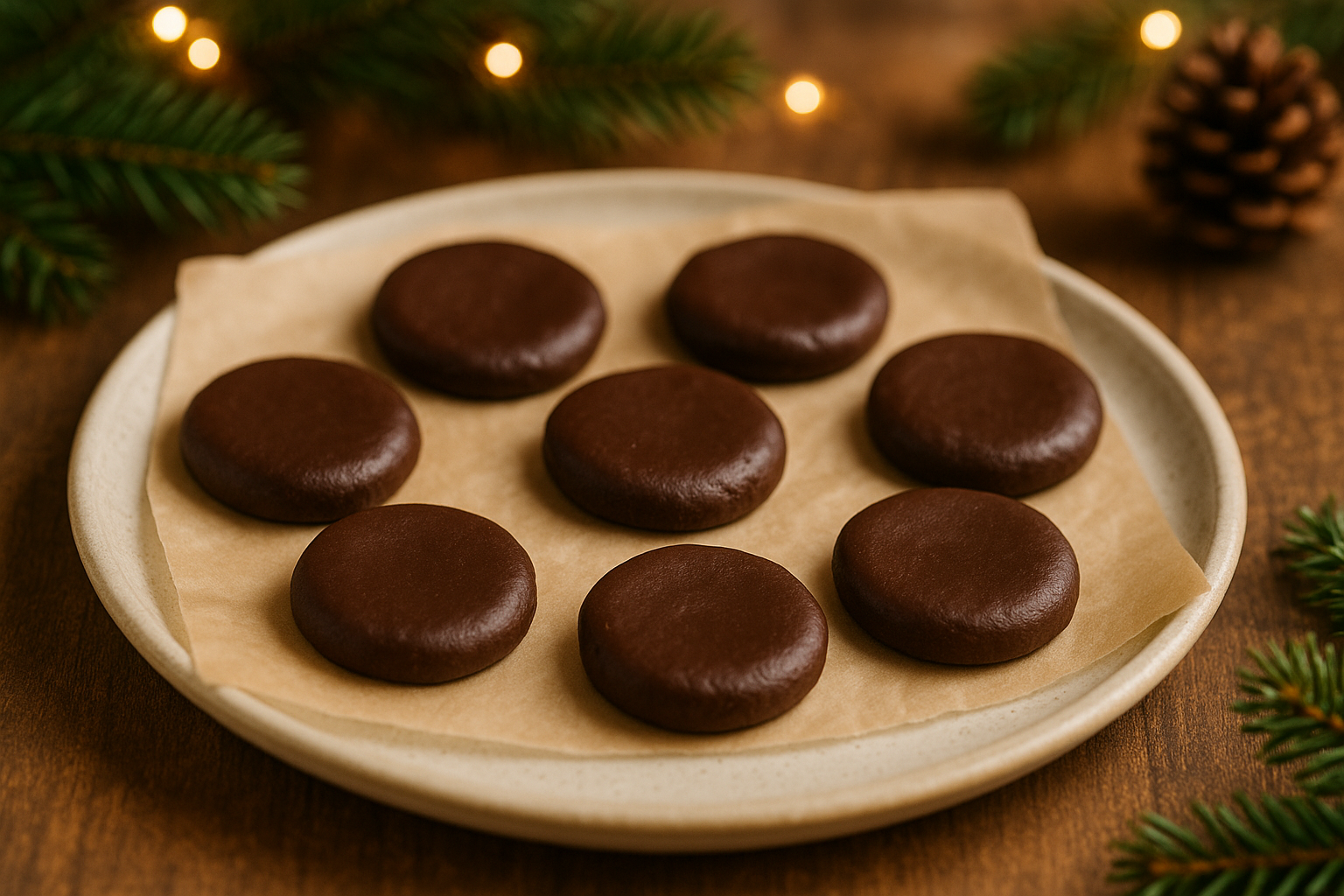Smooth no-bake chocolate cookies made with almond butter and cocoa powder, flattened and arranged on a parchment-lined plate with warm holiday accents.