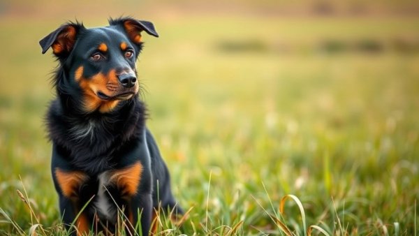 Black and tan dog itching ear in grassy field.