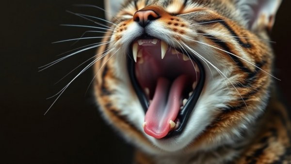 Tabby cat yawning, showing teeth and tongue, related to feline stomatitis.