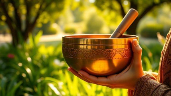 Close-up of Tibetan singing bowl for sound therapy for dogs outdoors.