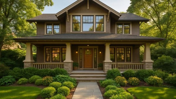 Craftsman house style with porch and greenery