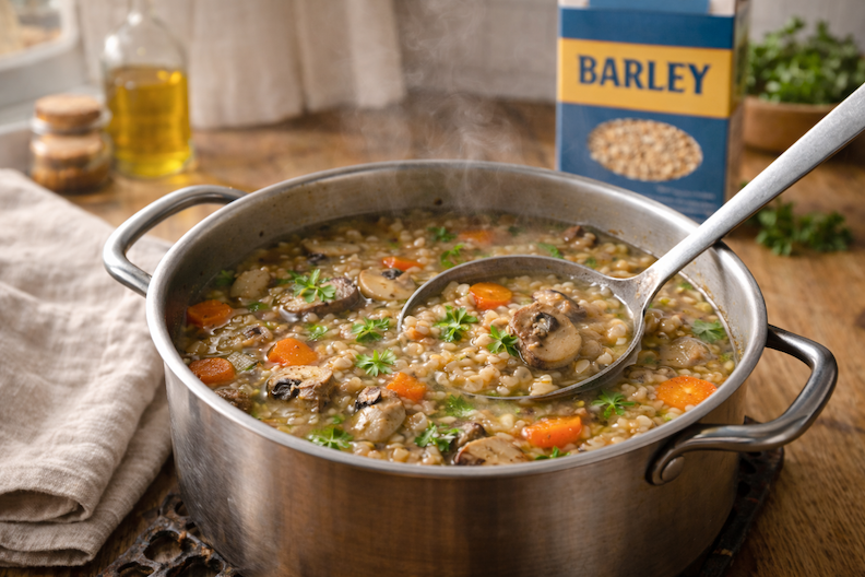 Rustic barley soup with herbs in a pot