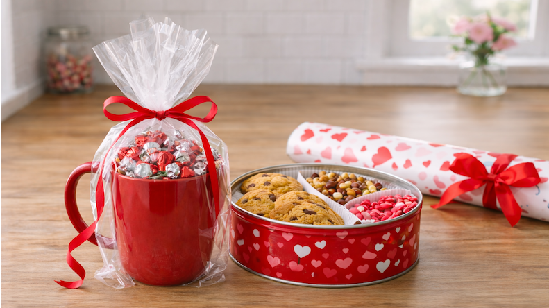 Easy Valentine gift ideas using a mug filled with candy and a decorated cookie tin