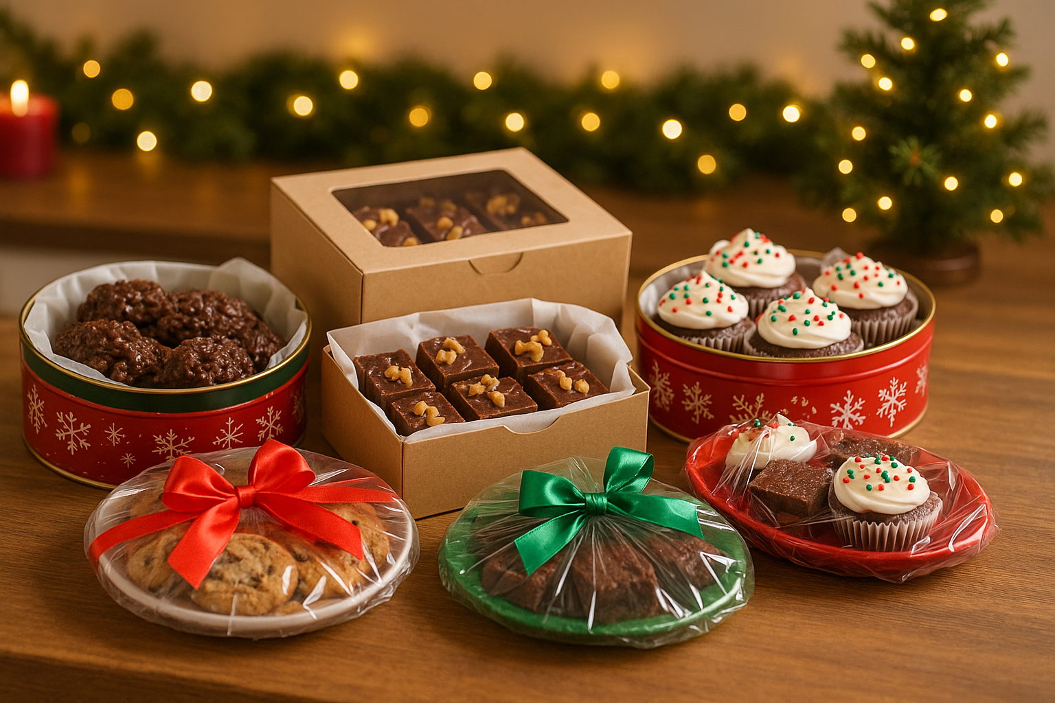 Holiday treat packaging ideas including parchment-lined decorative tins, bakery boxes with windows, cookies wrapped on festive plates with bows, and layered treats separated by parchment paper.”