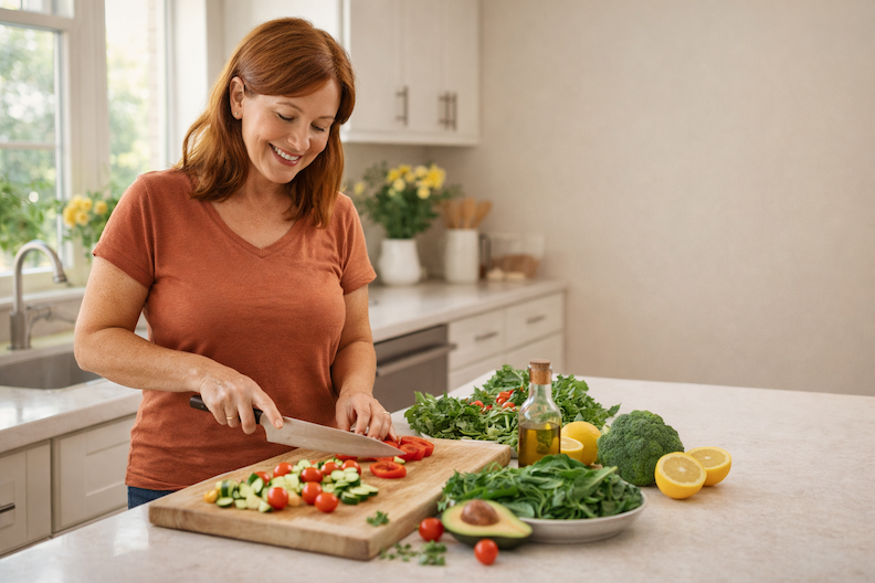 Middle-aged woman preparing a healthy meal with fresh vegetables to support digestion and reduce indigestion symptoms.