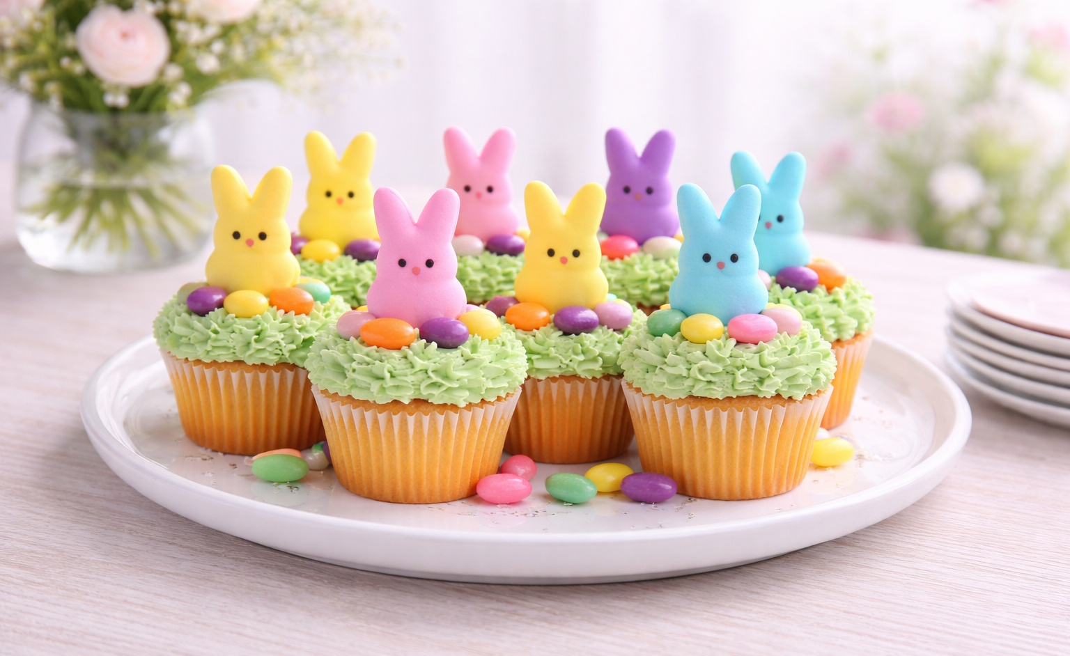  easter cupcakes with green grass frosting peep bunnies and jelly beans