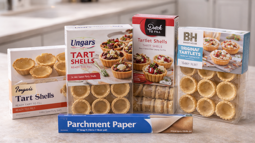 Boxes of ready-to-fill mini tart shells and a roll of parchment paper displayed on a kitchen counter for easy party appetizer preparation.