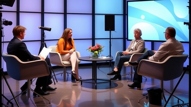 Studio discussion show with large screen in background