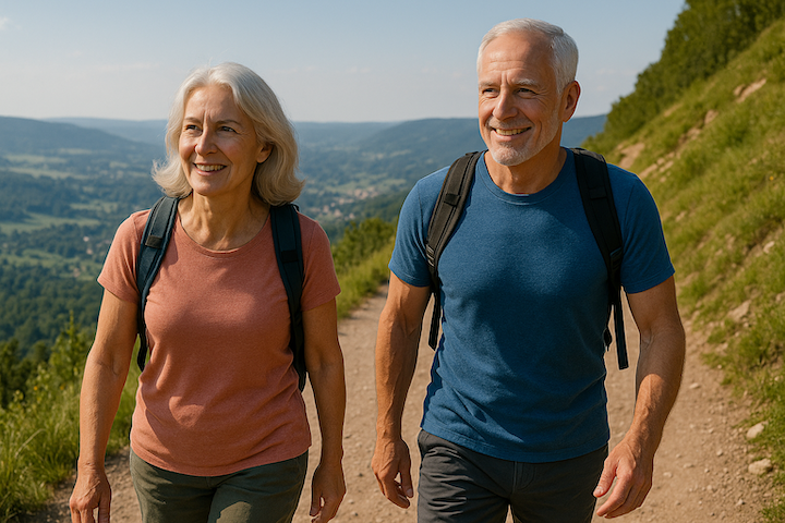 healthy senior couple on a mountain trail, hiking, active seniors