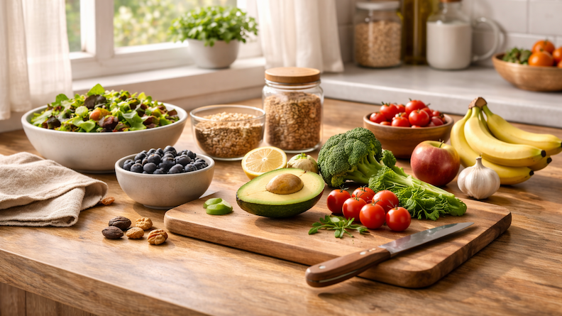 Whole foods in a bright kitchen representing a food-as-medicine approach
