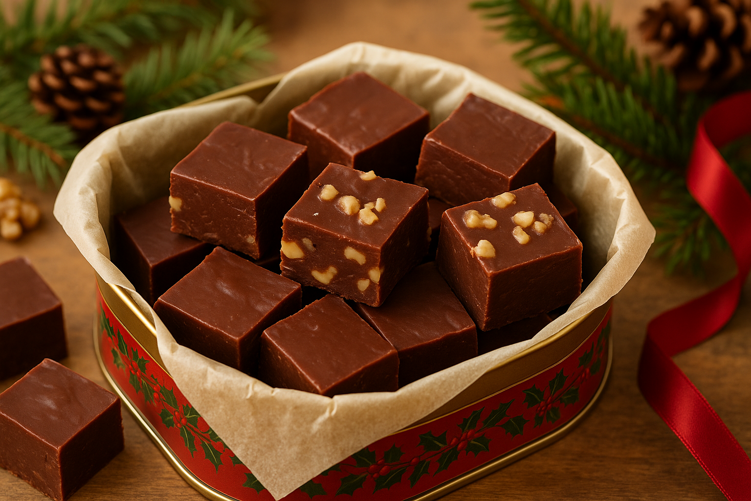 Homemade chocolate fudge cut into neat squares and arranged in a parchment-lined holiday tin, with warm festive décor in the background.