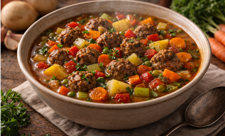 Hearty meatball and vegetable stew with carrots, potatoes, celery, and red bell peppers in a rich broth, served in a rustic bowl as a nourishing cold-weather meal.