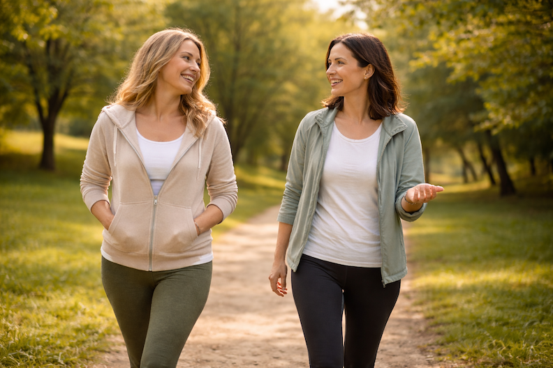 Two adult female friends walking outdoors on a sunlit path, enjoying conversation and movement as part of a balanced, realistic approach to New Year health goals and wellness.