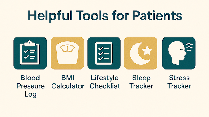 Helper tools for patients: blood pressure log, BMI Calculator, Lifstyle Checklist, Sleep Tracker, Stress Tracker