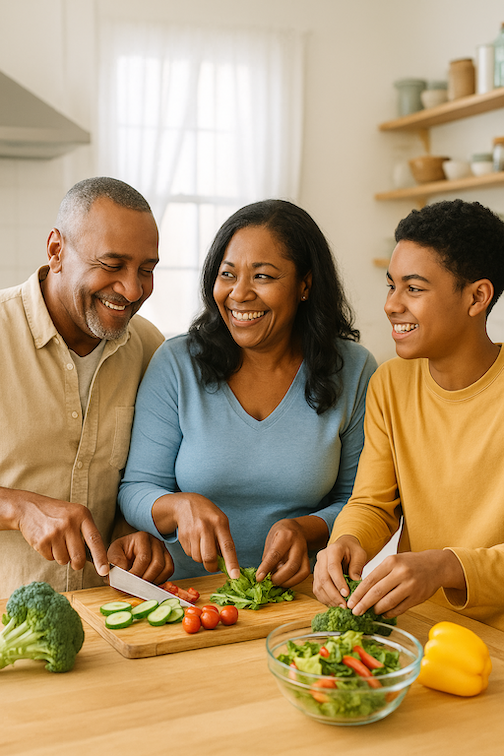 Happy woman cooking vegetables with her family, symbolizing healthy lifestyle for diabetes.