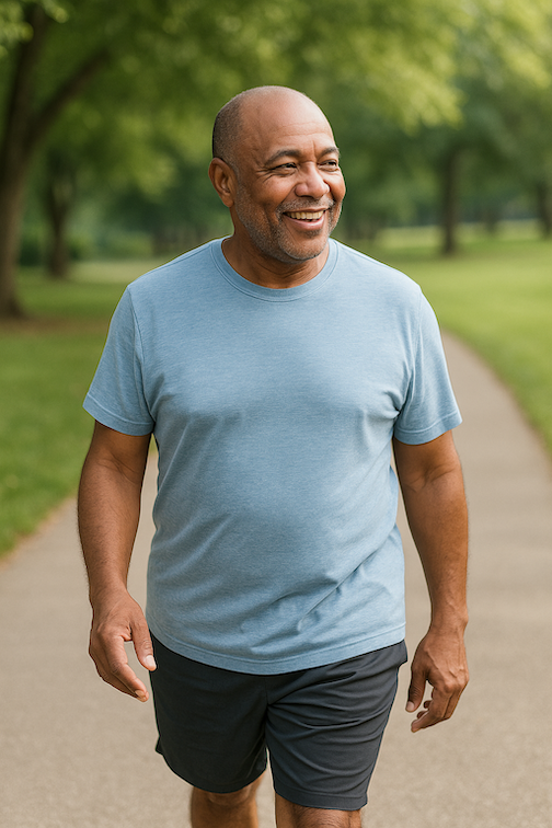 happy man walking outside along path_healthy habit_healthy lifestyle change.