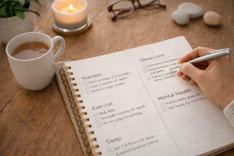 Wellness planner open on a wooden desk with nutrition, exercise, sleep, and mental health goals, showing intentional planning for New Year health goals in a calm, cozy setting.