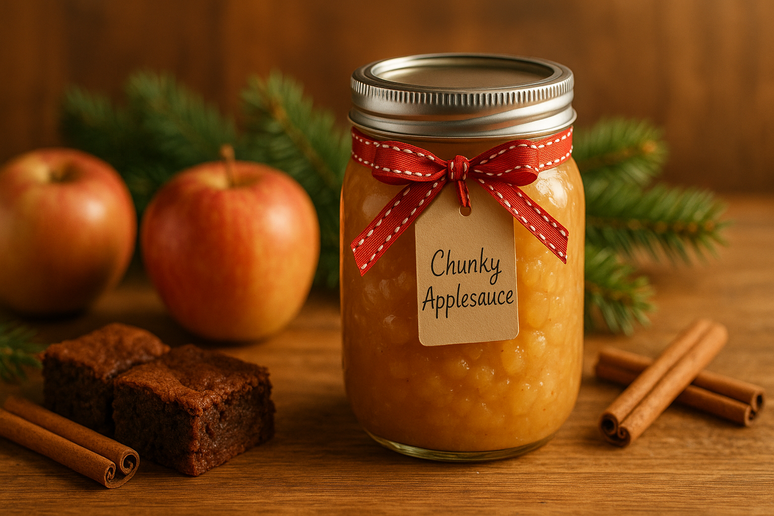 Jar of chunky homemade applesauce tied with a holiday ribbon, displayed on a wooden table with apples, cinnamon sticks, and evergreen accents for a healthy holiday gift presentation.