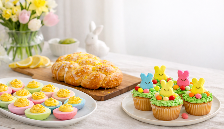 Healthy Easter recipes table with deviled eggs, braided lemon bread, and bunny cupcakes