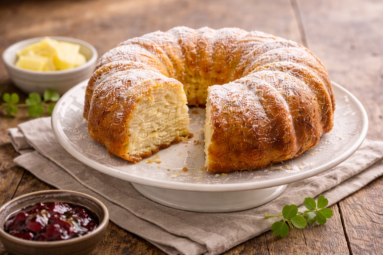 Traditional Irish dairy cake on a cake stand with a slice removed