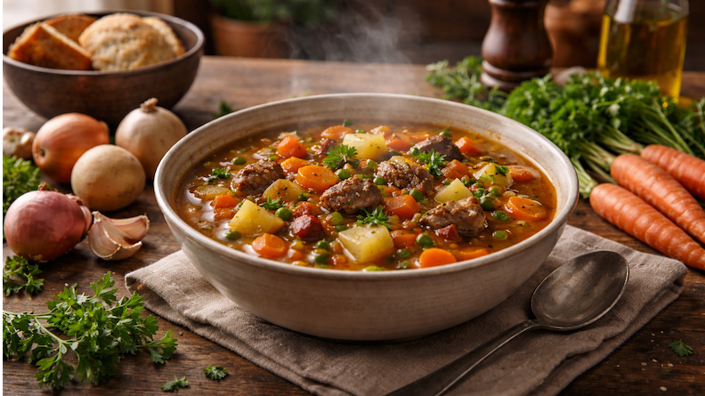 Hearty homemade vegetable stew with carrots, potatoes, and fresh herbs served in a rustic bowl on a wooden table, a warm and nourishing cold-weather meal.