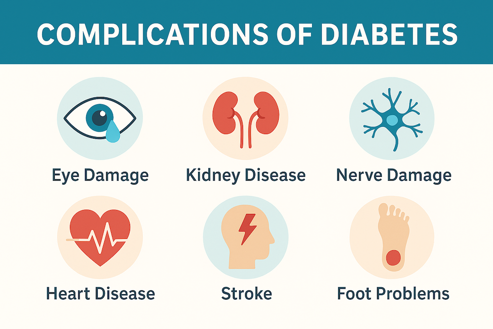 Long-Term Complications of Poorly Managed Diabetes  Uncontrolled diabetes can lead to heart disease, kidney damage, vision problems, nerve damage, and more. The sooner you take control, the more you can reduce your risk of complications.