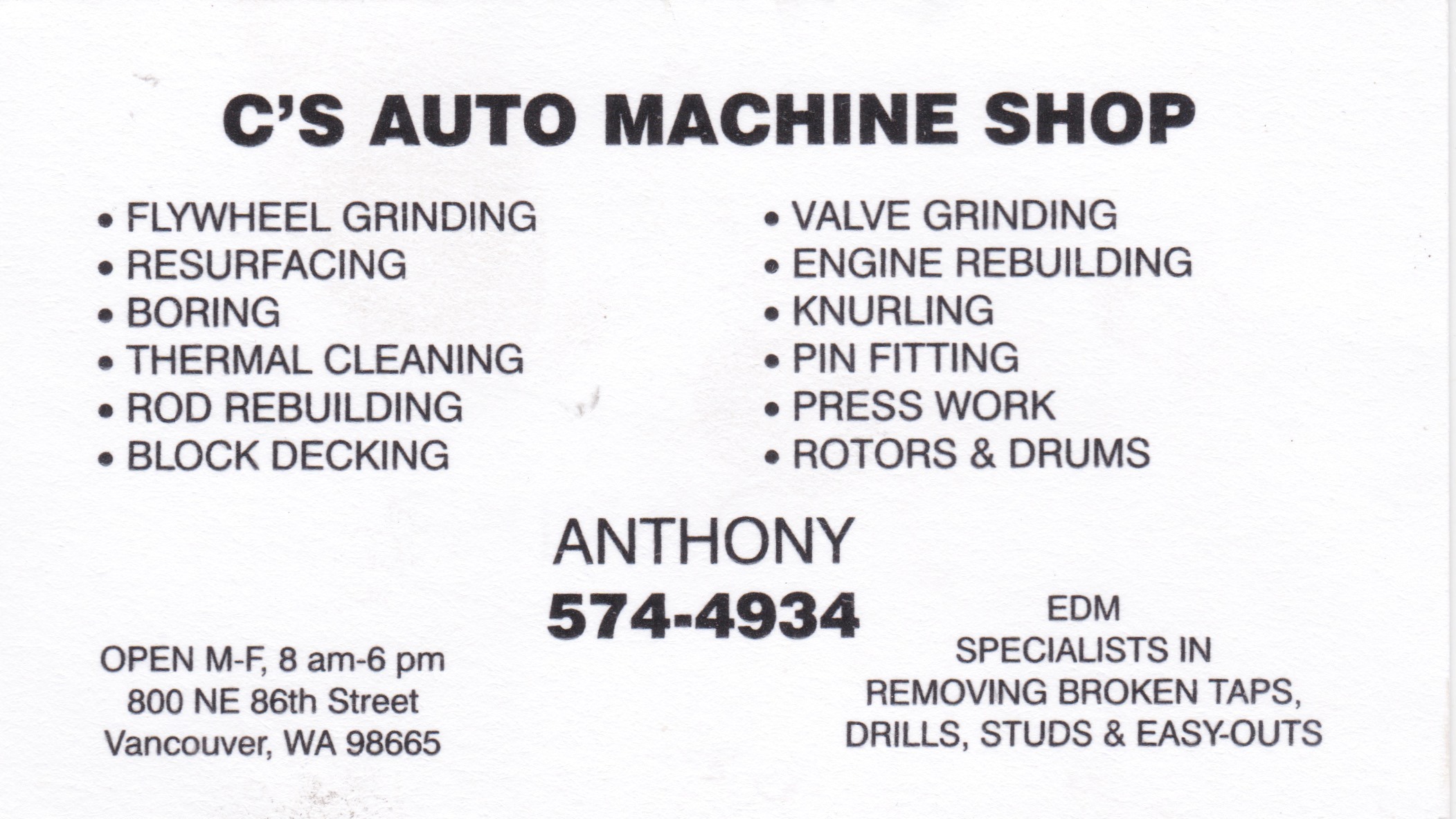 C's Auto Machine Shop business card, sponsor