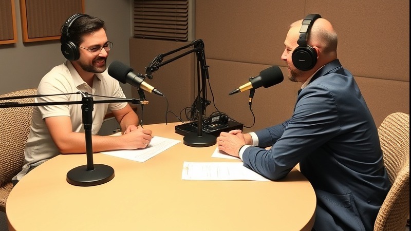 Studio podcast. Two men talking at table with mics on desk stands