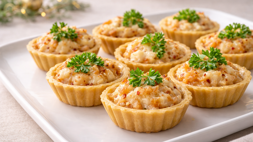 Spicy crab tartlets in mini pastry shells garnished with parsley, arranged on a white plate for a party appetizer.