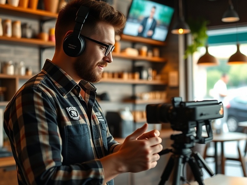 business owner with camera films live in restaurant for video marketing