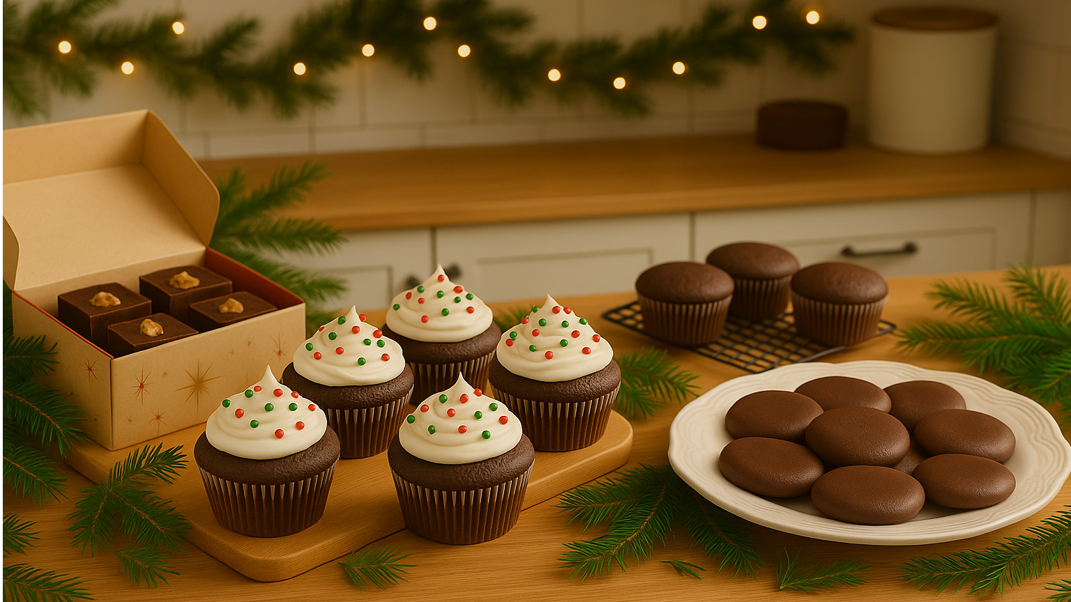 Wide, horizontal photo-realistic image of a festive holiday kitchen scene. A wooden table is filled with homemade treats: fudge squares, chocolate cupcakes with simple frosting, and no-bake cookies on a decorative plate. Soft warm holiday décor in the background—string lights, greenery, and cinnamon sticks. Cozy, clean, professionally lit, with a warm inviting color palette. No text.