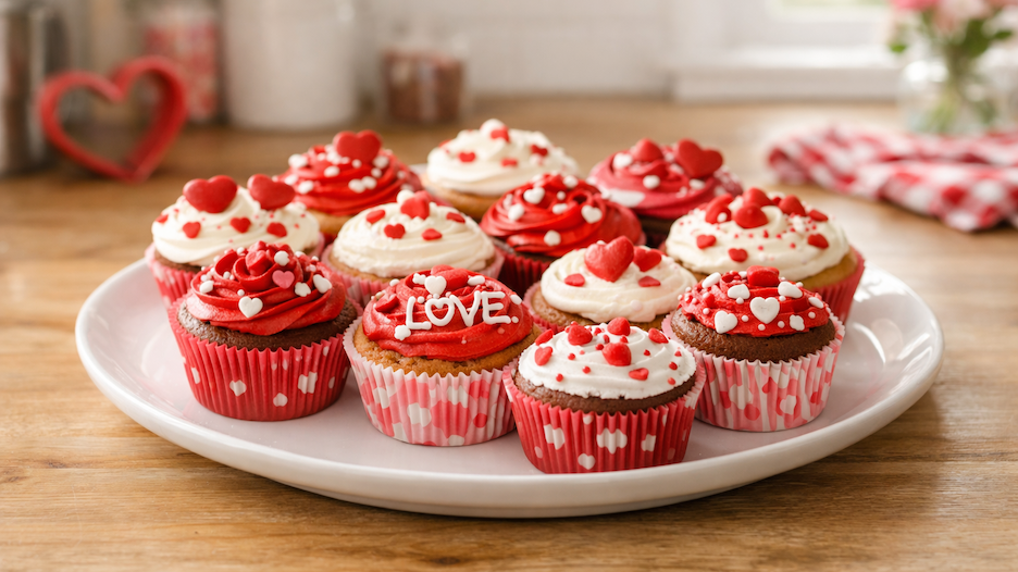 Easy homemade Valentine’s Day cupcakes decorated with red and white icing, heart sprinkles, and festive liners
