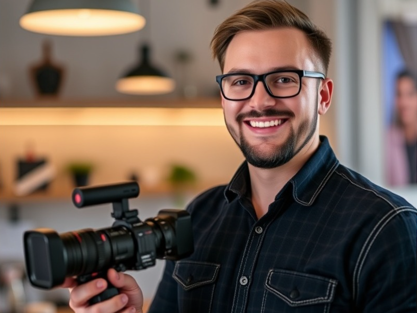 Business owner holding camcorder_representing concept of video marketing