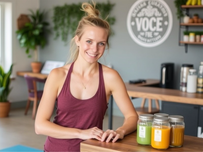 female yoga instructor records her video promo in juice bar