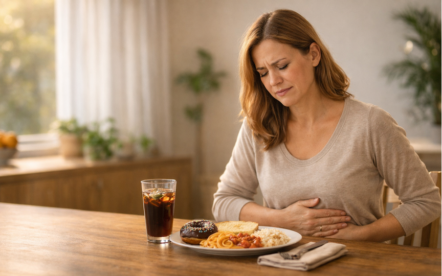 Woman experiencing indigestion after eating heavy foods like pasta, bread, and sweets