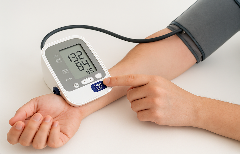 patient using blood pressure monitor_blood pressure reading_CU on arm