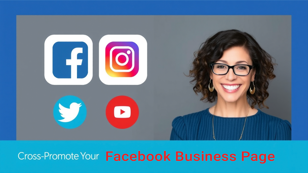 Cross-Promote Your Facebook Business Page text, icons for Facebook, Instagram, Twitter, YouTube, smiling lady