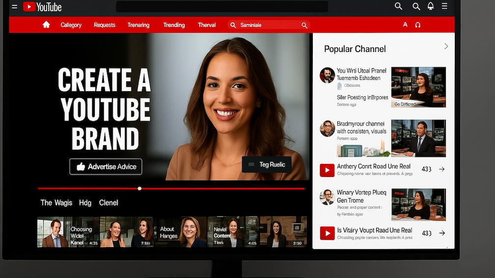 Sleek YouTube channel interface mockup with branded graphics and a female marketer.
