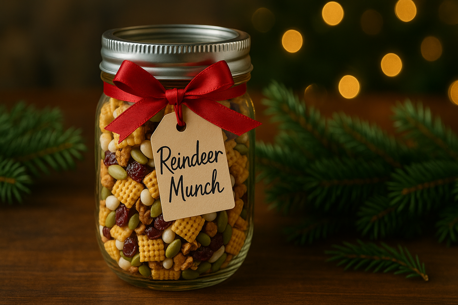 Jar of chunky homemade applesauce tied with a holiday ribbon, displayed on a wooden table with apples, cinnamon sticks, and evergreen accents for a healthy holiday gift presentation.