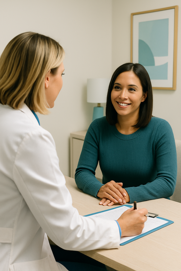 Warm, professional doctor meeting with patient in relaxed clinical setting.