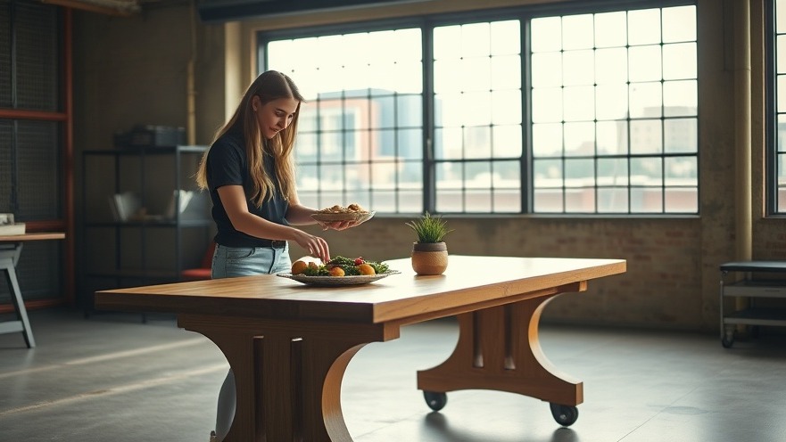 Young woman setting a space-saving wooden table in a bright industrial room.