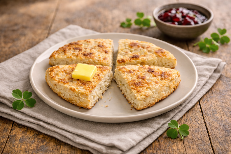Traditional Irish soda farls with butter served on a ceramic plate