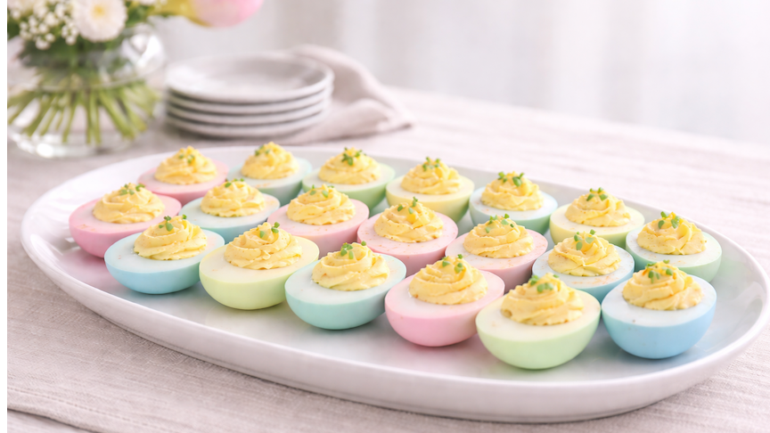 pastel colored deviled eggs on white platter for Easter celebration
