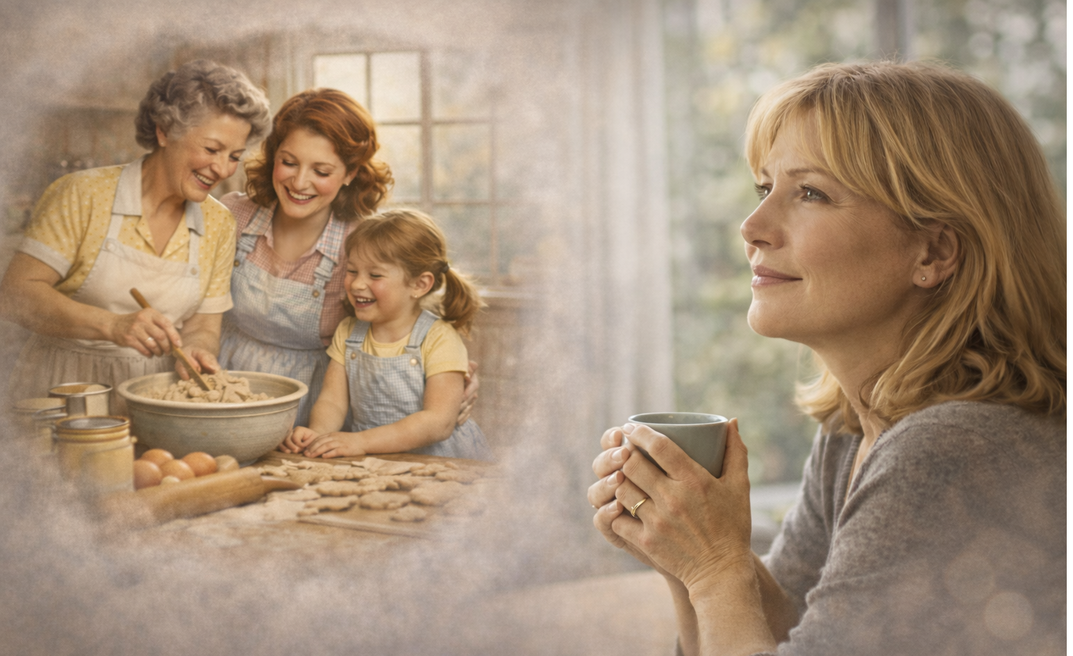 Woman reflecting on childhood memory of cooking with her mother and grandmother, representing motherhood across generations