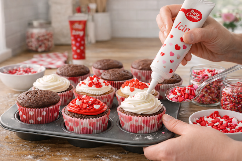 Decorating homemade Valentine cupcakes with red and white icing and festive candy toppings