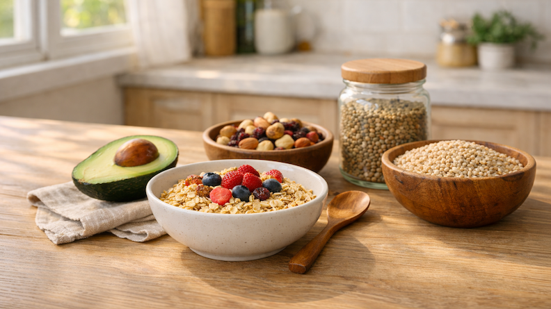Kitchen table with heart-healthy foods such as oats, avocado, lentils, barley, and nuts