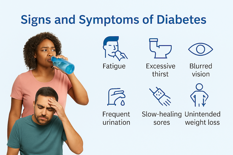 Diverse group of adults experiencing fatigue, thirst, blurry vision — common diabetes symptoms